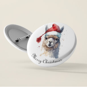Bóton Redondo 5.08cm Llama de Natal com Chapéu de Papai Noel em Aquarel