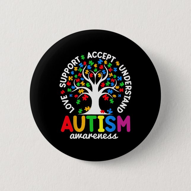 Bóton Redondo 5.08cm Love Support Accept Compreender Autismo De Árvore  (Frente)