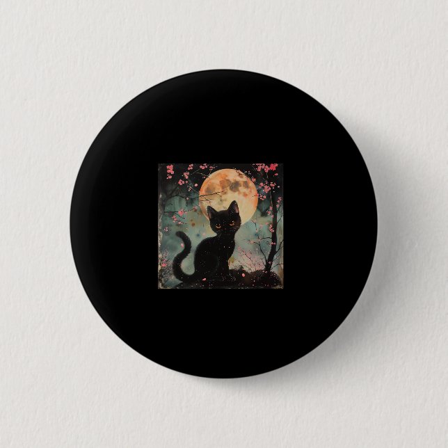 Bóton Redondo 5.08cm Lua Vermelha Mística com Gato Negro e Sakura (Frente)