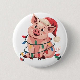 Bóton Redondo 5.08cm Luzes de Natal Porco Vestindo Chapéu Natal - Pig L