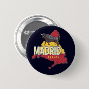 Bóton Redondo 5.08cm Madrid Espanha Retro Região Map Vintage Bull