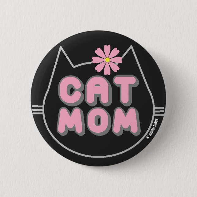 Bóton Redondo 5.08cm MÃE DE GATO com botão de Flor Rosa (Frente)