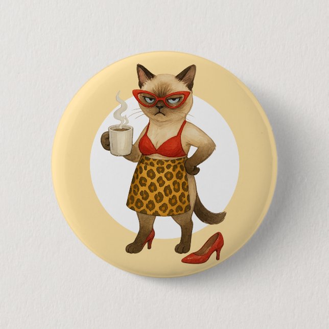 Bóton Redondo 5.08cm Mãe de Gato está bebendo café  (Frente)
