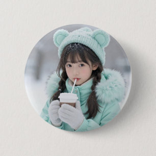 Bóton Redondo 5.08cm Magia de Inverno: Botão Anime de Menina de Hortelã