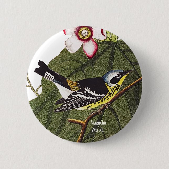 Bóton Redondo 5.08cm Magnolia Warbler, John James Audubon, Birdwatcher (Frente)