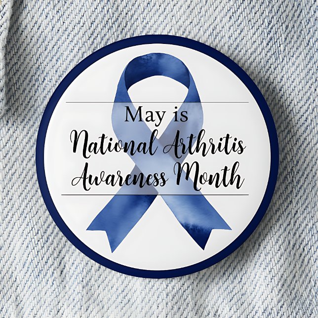 Bóton Redondo 5.08cm Maio Mês de Consciência da Artrite Nacional (May is National Arhritis Awareness Month pinback button.  Blue awareness ribbon.)