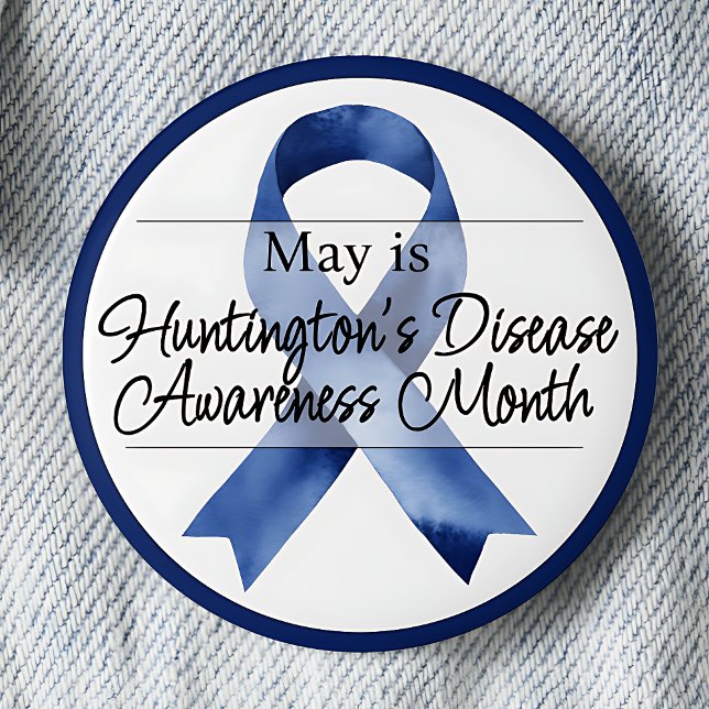 Bóton Redondo 5.08cm Maio Mês de Conscientização sobre a Doença de Hunt (May is Huntington's Disease Awareness Month Blue Awareness Ribbon pinback button.)