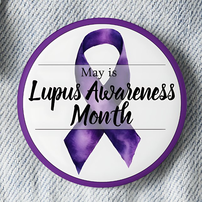 Bóton Redondo 5.08cm Maio mês de sensibilização do Lupus (Purple awareness ribbon May Lupus Awareness Month pinback button.)