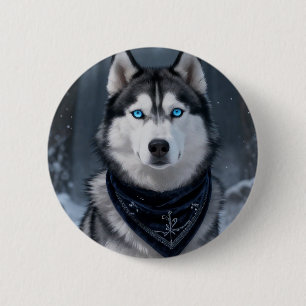 Bóton Redondo 5.08cm Majestoso Husky Siberiano Olhos Azuis Inverno Neve