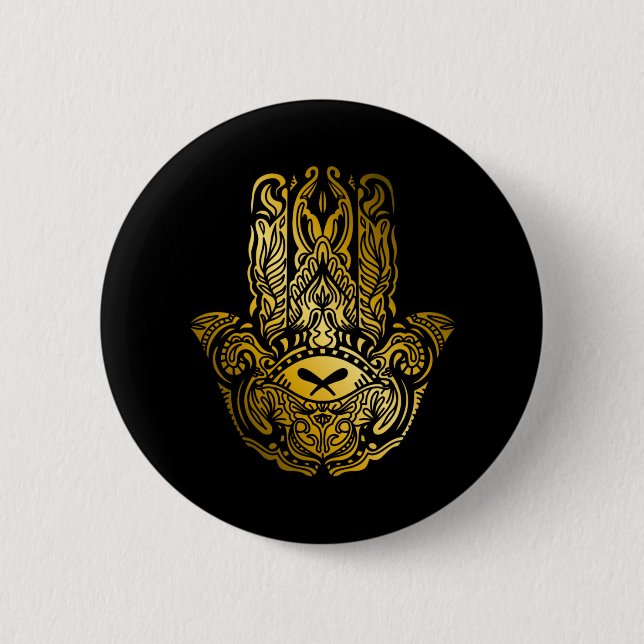 Bóton Redondo 5.08cm Mão de Hamsa - Amuleto Árabe Dourado (Frente)