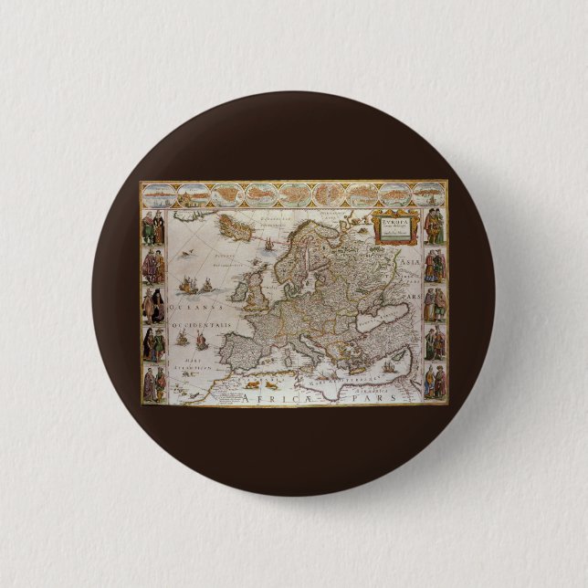 Bóton Redondo 5.08cm Mapa antigo da Europa por Willem Jansz Blaeu, c161 (Frente)