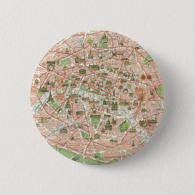 Bóton Redondo 5.08cm Mapa Antigo de Paris (1920) (Frente)