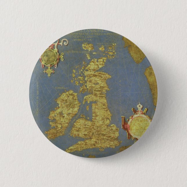 Bóton Redondo 5.08cm Mapa das ilhas britânicas do século XVI (Frente)