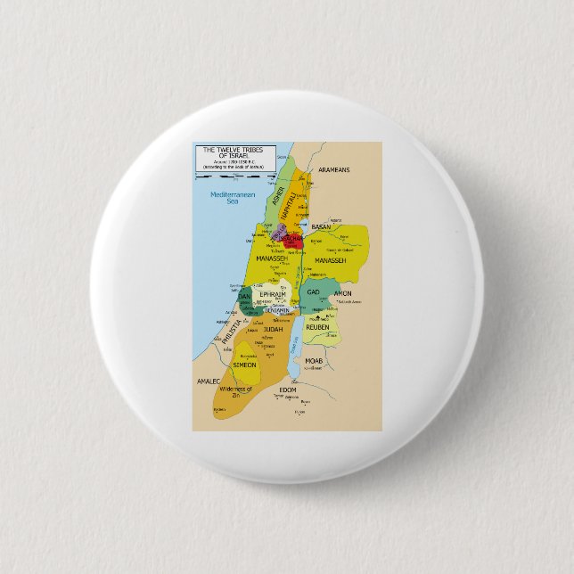 Bóton Redondo 5.08cm Mapa de doze tribos de Israel entre 1200 e 1050 (Frente)