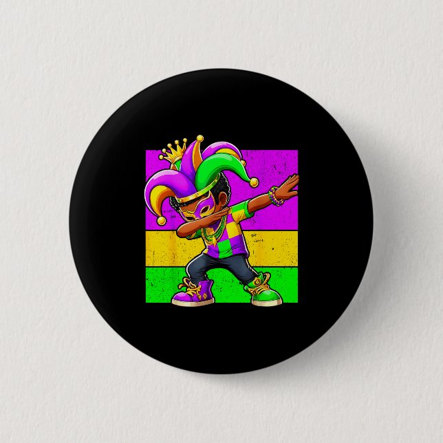 Bóton Redondo 5.08cm Mardi Gras Funny Dabbing Black Boy Jester Hat Kid  (Frente)