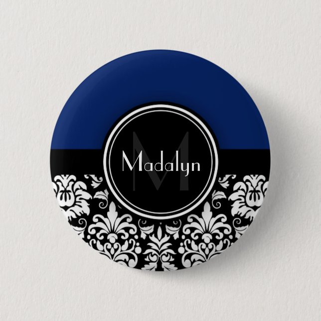 Bóton Redondo 5.08cm Marinho Preto Branco Damasco - Letra Monograma (Frente)