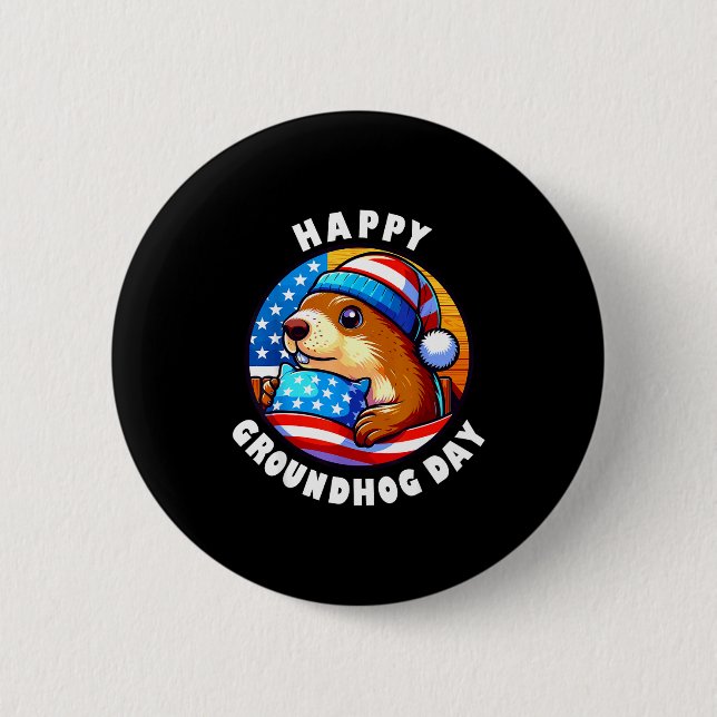 Bóton Redondo 5.08cm Marmot Happy Groundhog Day Stars And Stripes Sprin (Frente)