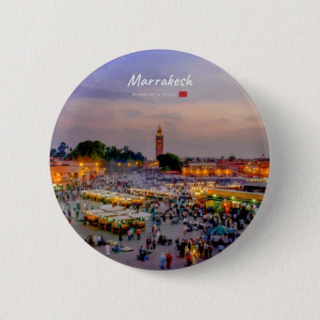Bóton Redondo 5.08cm Marrakesh, Marrocos - Praça Jemaa el Fnaa (Frente)