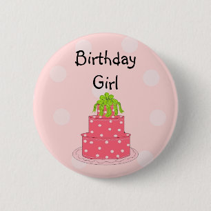 Bóton Redondo 5.08cm Menina de Aniversário - Bolo Rosa