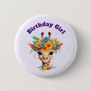 Bóton Redondo 5.08cm Menina de Aniversário Girafa Fofa com Coroa Floral