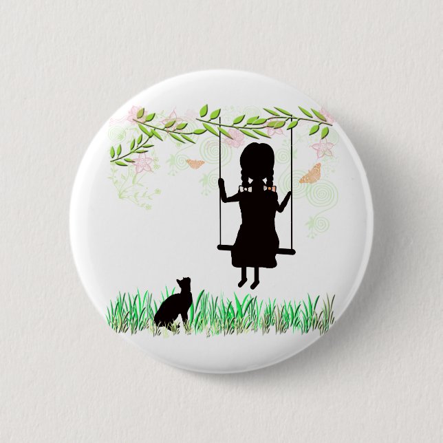 Bóton Redondo 5.08cm Menina no balanço com gato (Frente)
