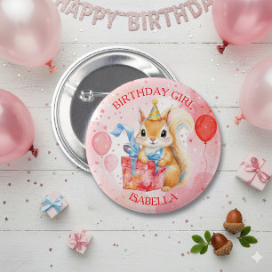 Bóton Redondo 5.08cm Menina Personalizada de Aniversário Esquilo Rosa e