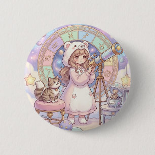 Bóton Redondo 5.08cm Menina Urso Kawaii Astrologia Telecópio Pastel Aes