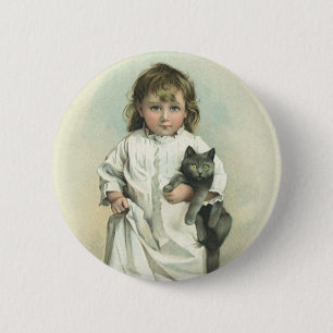 Bóton Redondo 5.08cm Menina Vitoriana Antiga em Camisola com seu Gato