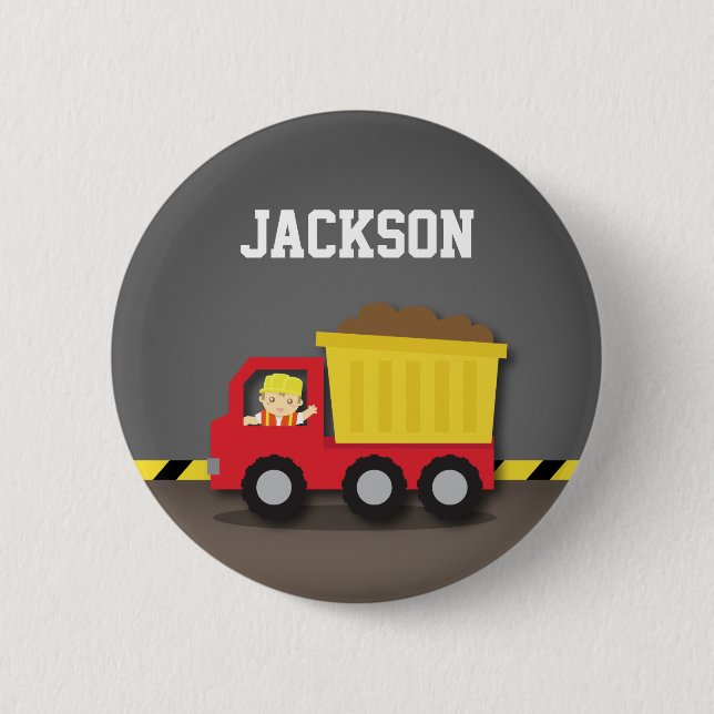 Bóton Redondo 5.08cm Menino Construtor de Caminhão Basculante Vermelho (Frente)