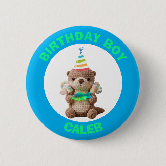 Bóton Redondo 5.08cm Menino de Aniversário | Urso de Pelúcia Azul e Ver