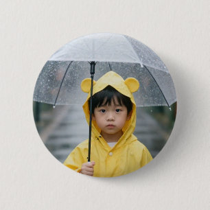 Bóton Redondo 5.08cm Menino Fofo de Casaco Amarelo com Guarda-Chuva Est