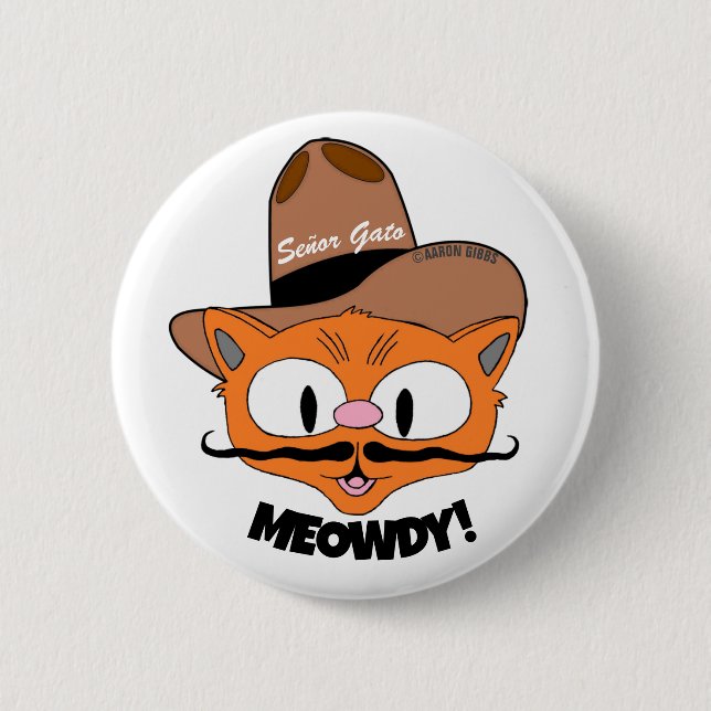 Bóton Redondo 5.08cm MEOWDY! Cartoon Mustache Cowboy Botão de Gato (Frente)