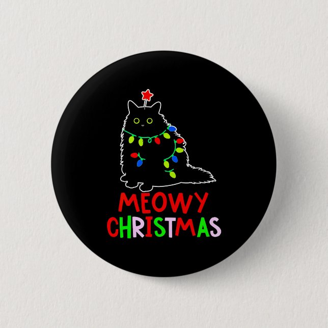 Bóton Redondo 5.08cm Meowy Christmas Xmas Lights Black Cat Pajamas  (Frente)