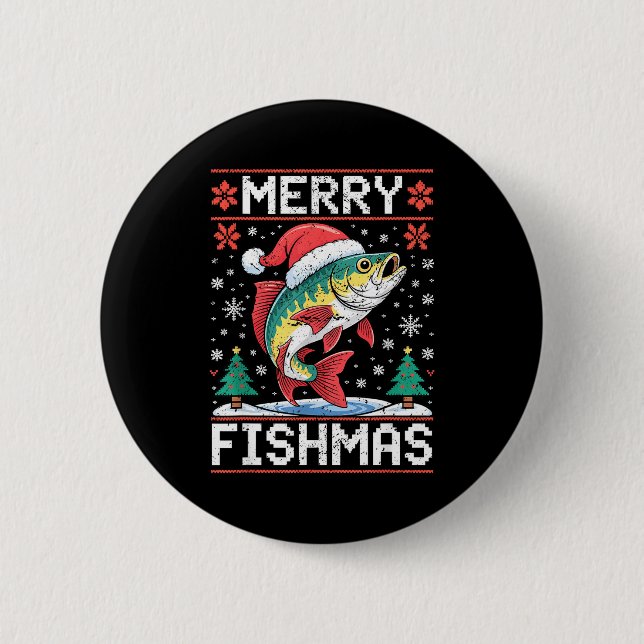 Bóton Redondo 5.08cm Merry Fishmas Ugly Christmas Sweater Fishing Lover (Frente)