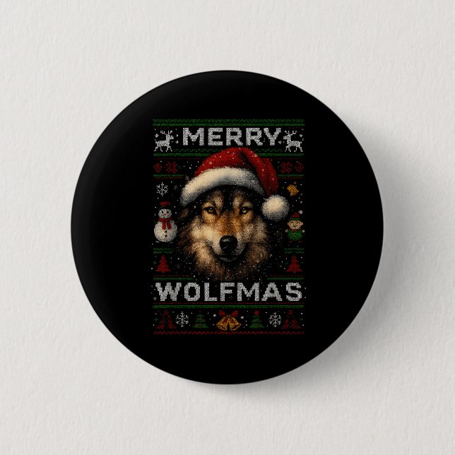 Bóton Redondo 5.08cm Merry Wolfmas Merry Christmas Wolf Ugly Sweater Fu (Frente)