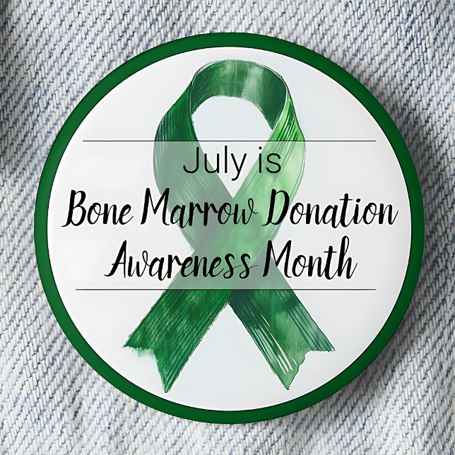 Bóton Redondo 5.08cm Mês de Consciência da Dádiva da Medula Óssea (July is Bone Marrow Donation Awareness Month pinback button. Green awareness ribbon.)