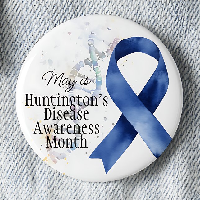 Bóton Redondo 5.08cm Mês de Consciência da Doença de Huntington - DNA (May is Huntington's Disease Awareness month, awareness blue ribbon, DNA strand, pinback button.)