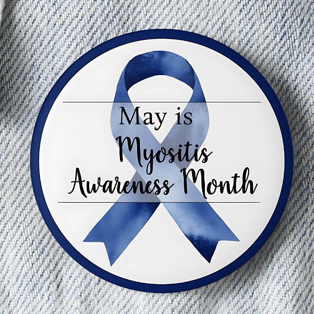 Bóton Redondo 5.08cm Mês de Consciência da Miosite (Blue awareness ribbon. May is Myositis Awareness Month pinback button.)