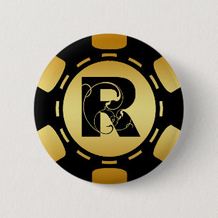 BÓTON REDONDO 5.08CM MICROPLAQUETA DE PÓQUER PRETA E DOURADO DA LETRA
