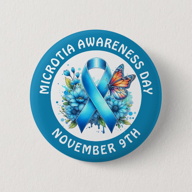 Bóton Redondo 5.08cm Microtia Blue Awareness Day Ribbon and Butterfly (Frente)