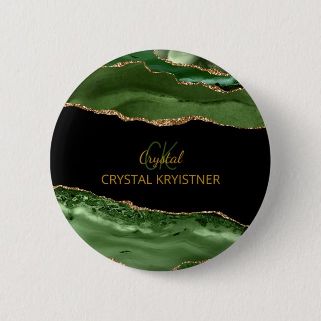 Bóton Redondo 5.08cm Modern Green and Gold Glitter Monogram  (Frente)