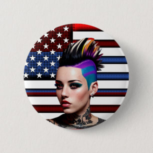 Bóton Redondo 5.08cm Mohawk Punk Girl with American Flag