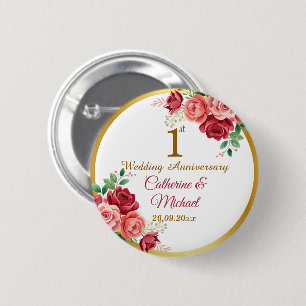 Bóton Redondo 5.08cm Moldura Dourada de 1º Aniversário de Casamento Flo
