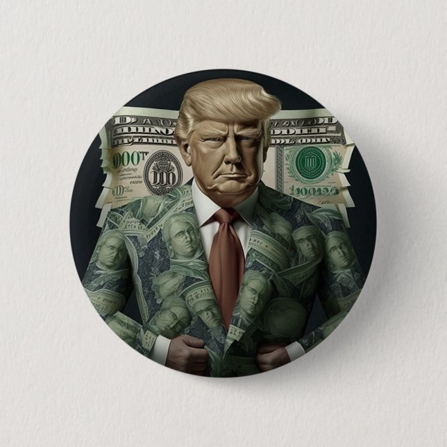Bóton Redondo 5.08cm Money Suit Trump: Um Símbolo de Riqueza e Poder (Frente)