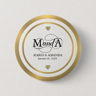Bóton Redondo 5.08cm Monograma de Casamento Personalizado Dourado Branc