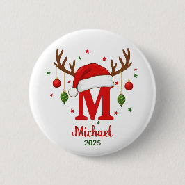 Bóton Redondo 5.08cm Monograma de Natal Personalizado M Chapéu de Papai