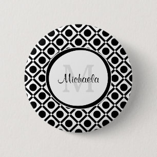Bóton Redondo 5.08cm Monograma e Nome Geométrico Moderno Preto e Branco