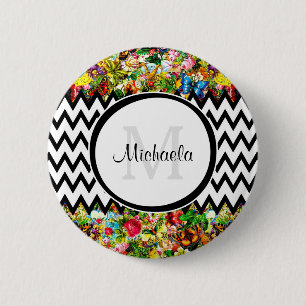 Bóton Redondo 5.08cm Monograma floral e nome Chevron do vintage preto