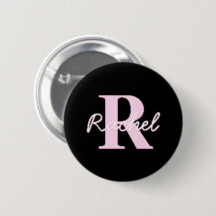 Bóton Redondo 5.08cm Monograma Personalizável Fofo Rosa Claro e Preto