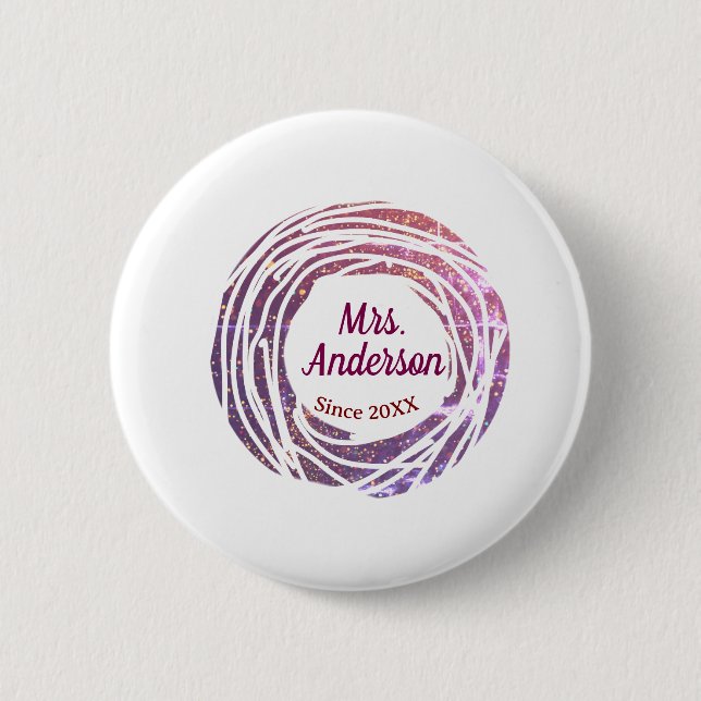 Bóton Redondo 5.08cm Mrs name pink mauve border since year wedding brid (Frente)